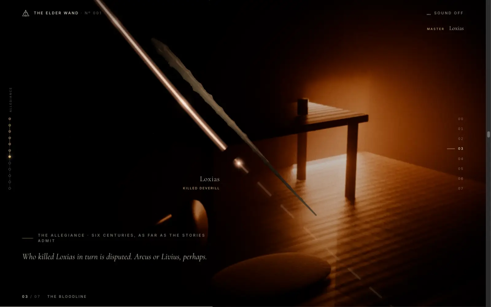 The wand in real time beside a lit workbench, with a rail of knots at the left edge and a name on the thread