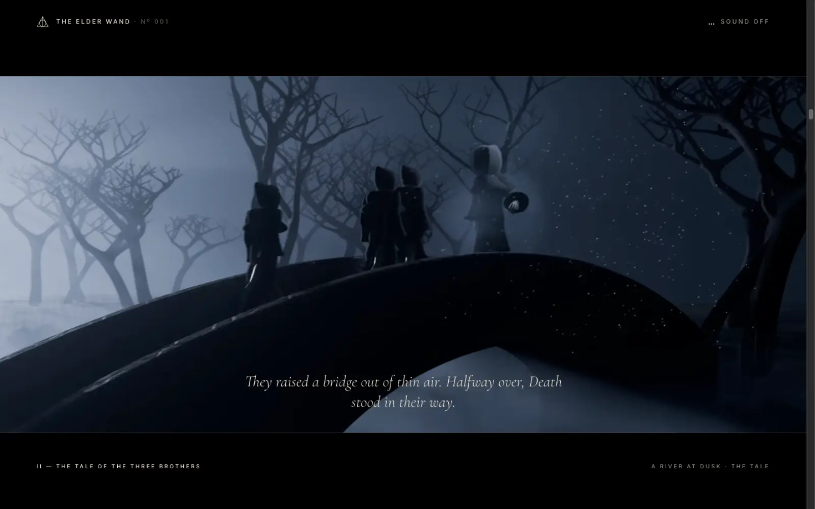 A rendered film frame: three hooded figures on an arched bridge in misty woods, met by a fourth, with an italic caption below