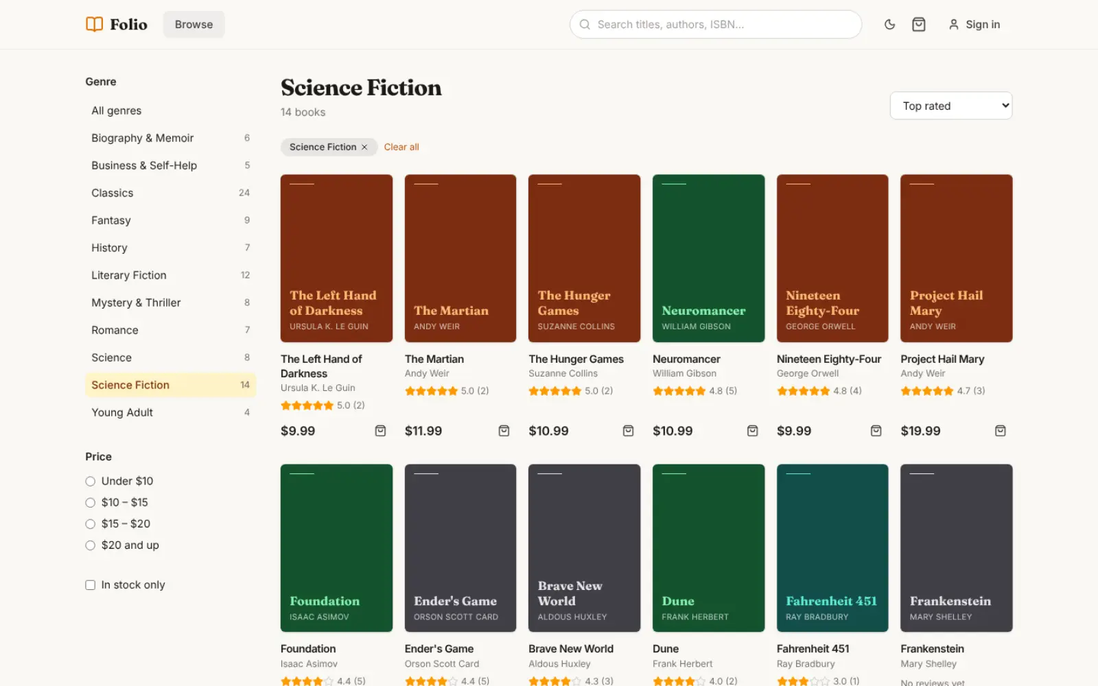 Folio's catalog filtered to Science Fiction: a genre and price sidebar, a sort menu and a grid of books with ratings and prices