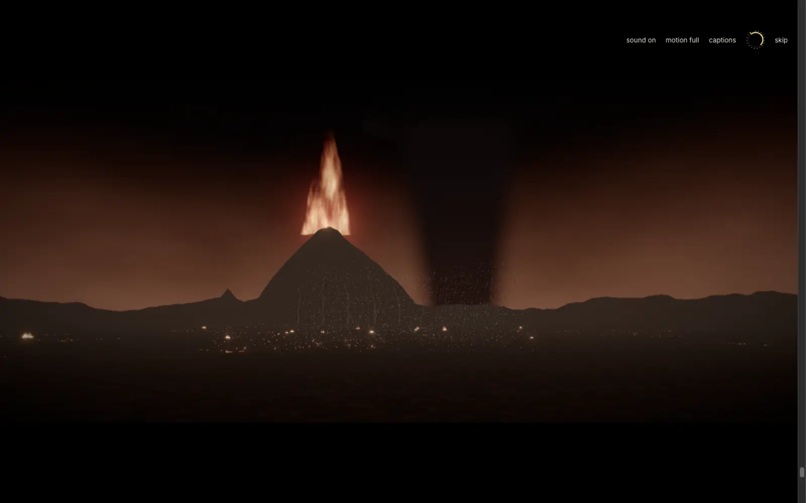 A volcano erupting fire against a red-black sky, embers across a dark plain, letterboxed